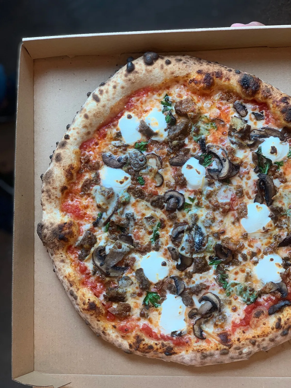 A fresh wood-fired pizza in the box